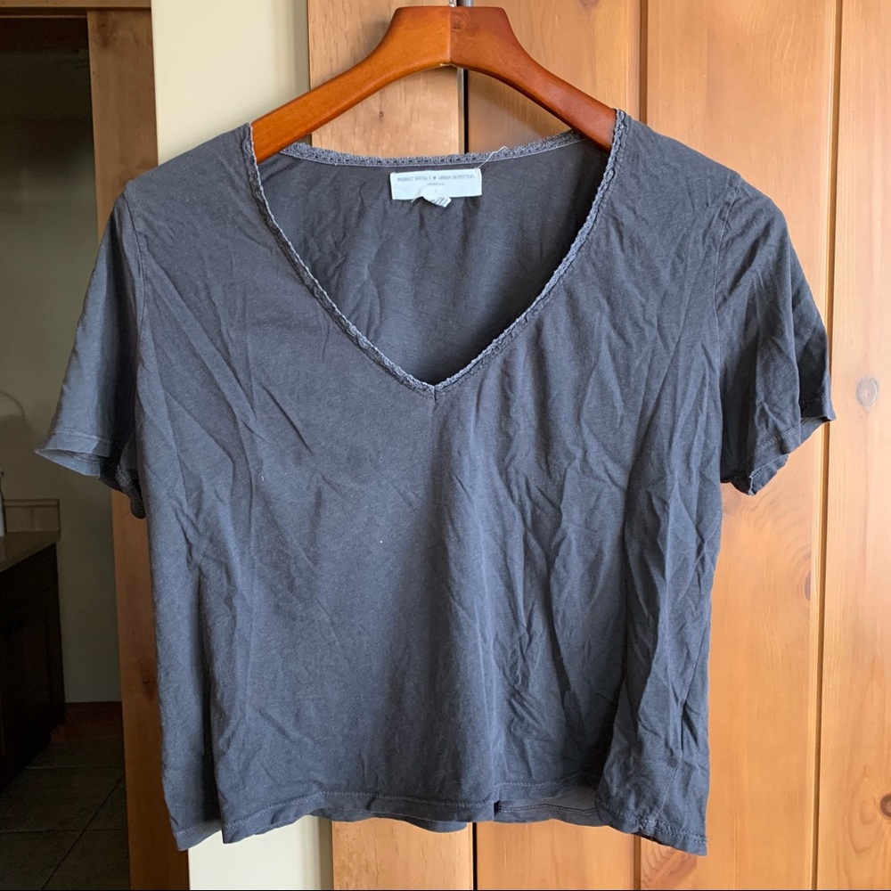 UO charcoal crop top with deep v and short sleeves